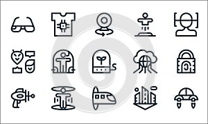 technology of the future line icons. linear set. quality vector line set such as flying car, hyperloop, blaster, city, hologram,