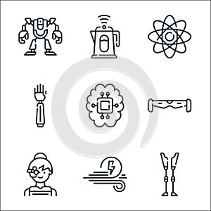 technology of the future line icons. linear set. quality vector line set such as prothesis, wind energy, woman, vr glasses,