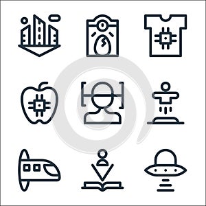 technology of the future line icons. linear set. quality vector line set such as ufo, book, hyperloop, teleportation, face scan,