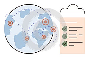 Global Network Connectivity, Cloud Computing, and Task Management Concept with Checklist and World Map