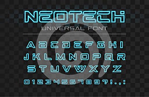 Technology glowing font. Fast sport, futuristic, future tech alphabet. Neon letters and numbers for high speed, techno