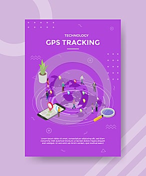 Technology gps tracking people standing on pointer location map world for template of banner and flyer for printing magazine cover