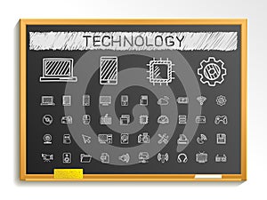 Technology hand drawing line icons. chalk sketch sign illustration on blackboard