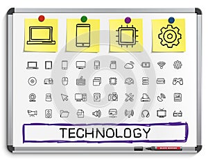 Technology hand drawing line icons.