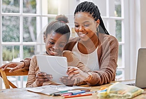 Technology helps make homework easier. a young mother and daughter using a digital tablet at home.