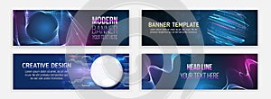 Technology horizontal banners set. Blue futuristic science presentation collection. Modern banner design for medicine, internet
