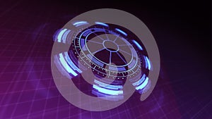 Technology HUD Interface Rotating and Pulsating 4k Rendered Animation Video Footage in Purple Blue Colors.