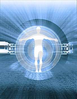 Experimento médico, la tecnología, la silueta humana recurso de energía, técnica mixta ilustración, la energía mental.
