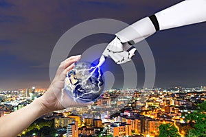 Technology human hand globe robot of Earth image provided by Nasa