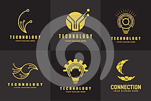 Technology icon, cyber security symbol, global engineering logo, gear, light bulb, brainstorming, circuit connection,  computer