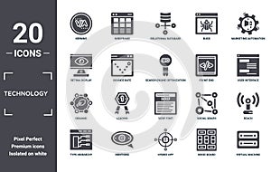 technology icon set. include creative elements as kerning, marketing automation, front end, serif font, mentions, organic filled