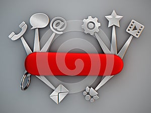 Technology icons connected to Swiss knife. 3D illustration