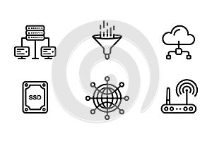 Technology icons for data, network, cloud, storage, and connectivity server computers