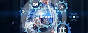 Technology icons and INSURTECH inscription, web technology concept 2023