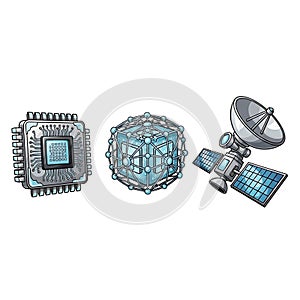 Technology Icons: Microchip, Neural Network, Satellite