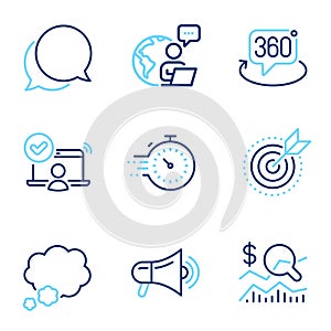 Technology icons set. Included icon as 360 degree, Target purpose, Online access signs. Vector