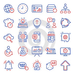 Technology icons set. Included icon as Augmented reality, Clock, Chemistry experiment. Vector