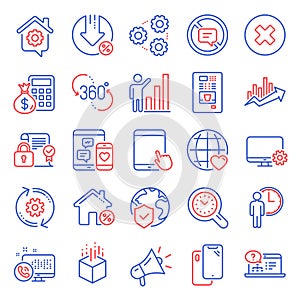 Technology icons set. Included icon as Finance calculator, Social media, Graph chart. Vector