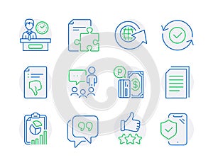 Technology icons set. Included icon as Quote bubble, Rating stars, Security confirmed signs. Vector