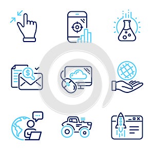 Technology icons set. Included icon as Seo phone, Chemistry lab, Tractor signs. Vector