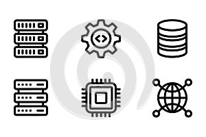 Technology Icons Set With Servers Database CPU And Network Globe Keywords: technology, server, rack