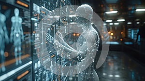 Technology improvement concept with 3d rendering robot move forward through future