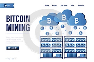 Technology of Industrial mining cryptocurrency. Bitcoin mining, landing page template. Distributed cloud computing