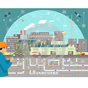 Technology industry 4.0 smart phone and factory vector illustration flat