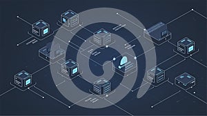 A technology infographic with a network of interconnected nodes