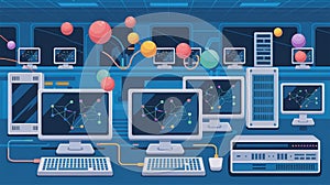 A technology infographic with a network of interconnected nodes