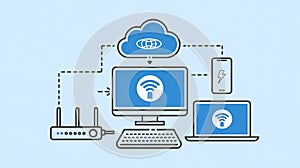 A technology infographic with a network of interconnected nodes