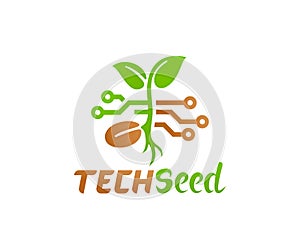 Technology and innovation in agriculture, logo design. Plant and seed in electrical circuit, vector design