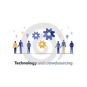 Technology and innovation forum, people exchanging ideas, start up business, team work vector illustration