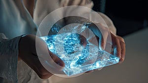 Technology innovation future science digital data network connection glowing hands device interface