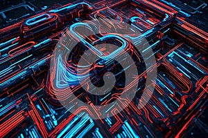 Technology-inspired abstract background with blue and red lines intersecting. High-end tech wallpaper showcasing a dynamic and photo