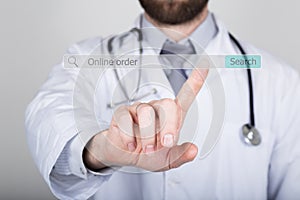 Technology, internet and networking in medicine concept - medical doctor presses button on virtual screens. online order