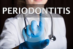 Technology, internet and networking in medicine concept - medical doctor presses periodontitis button on virtual screens