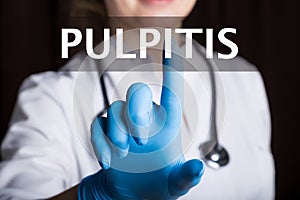 Technology, internet and networking in medicine concept - medical doctor presses pulpitis button on virtual screens