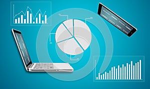 Technology laptop computer with graph finance forex chart