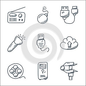 technology line icons. linear set. quality vector line set such as caliper, cpu tower, film reel, cloud uploading, usb connector,