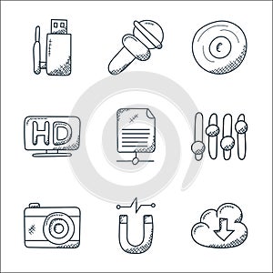 technology line icons. linear set. quality vector line set such as cloud download, magnetism, camera, equalizer, sha, hd screen,