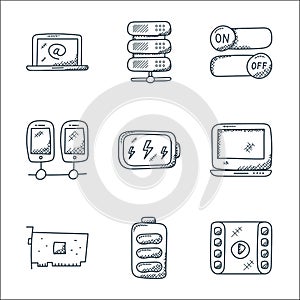 technology line icons. linear set. quality vector line set such as film strip, battery, graphic card, laptop, battery, multiple