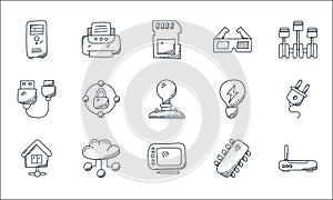 Technology line icons. linear set. quality vector line set such as modem, graphic tablet, home network, circuit, cloud computing,