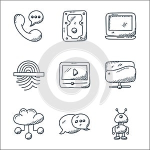 technology line icons. linear set. quality vector line set such as robot, conversation, cloud computing, folder network, video