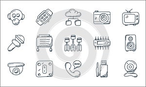 technology line icons. linear set. quality vector line set such as web camera, communication, cctv camera, usb, power switch,