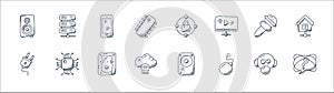 technology line icons. linear set. quality vector line set such as question, bomb, cloud storage, plug, microphone, mobile phones