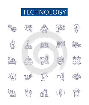 Technology line icons signs set. Design collection of Tech, Gadget, Electronics, Network, Software, Program, AI, Machine