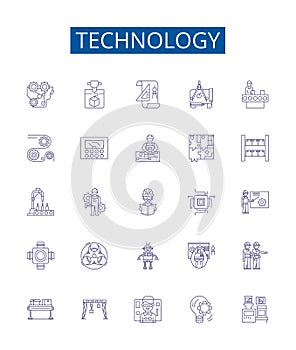 Technology line icons signs set. Design collection of Tech, Gadget, Electronics, Network, Software, Program, AI, Machine