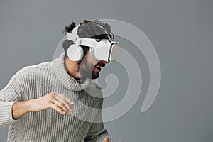 Technology man goggles vr innovation digital entertainment modern tech headset person reality device virtual