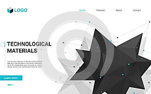 Technology materials landing page with abstract black polyhedron on white background